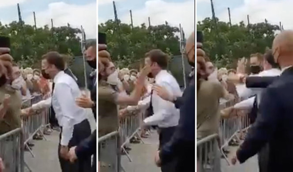 Momento en el que Damien Tarel golpea a Emmanuel Macron