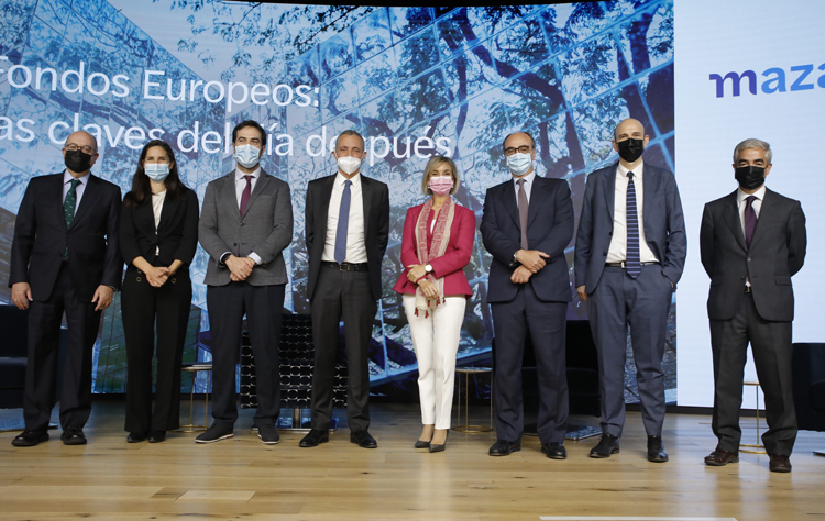 José María Roldán (AEB), Paz Guzmán (Comisión Europea en España), Carlos Cuerpo (Ministerio de Asuntos Económicos), Antoni Bover (Mazars), María Teresa Fernández (Ibercaja), Manuel Vaca de Osma (Mazars), Diego Moñux (Silo) y Germán Alonso-Alegre (Mazars).