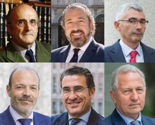 Candidatos (de izquierda a derecha y de arriba abajo): Ricardo Garrido, decano del Colegio de Procuradores de Ourense entre 1994 y 2023; Alberto García Barrenechea, decano del Colegio de Procuradores de Madrid; Fernando González Concheiro, decano del Colegio de Procuradores de Santiago de Compostela; Ignacio Argós Linares, ex tesorero del Colegio de Procuradores de Madrid; Javier Segura Zariquiey, decano del Colegio de Procuradores de Barcelona; y José Antonio Fandiño, decano del Colegio de Procuradores de Vigo.