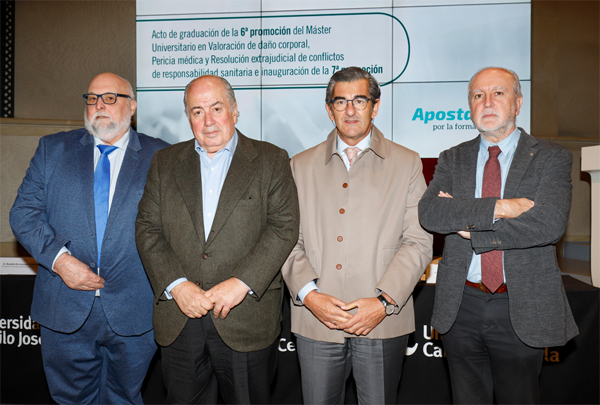 Eugenio Laborda Calvo, co-director del Máster y presidente de la Sociedad Española de Valoración Médica del Daño Corporal; Ricardo de Lorenzo, co-director del Máster y presidente honorífico de la Asociación Española de Derecho Sanitario; Juan Abarca, consejero delegado de PROMEDE y co-director del Máster y José Barberán López, decano de la Facultad HM Ciencias de la Salud UCJC.