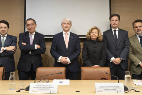 José María Ayala, secretario técnico del Observatorio de Cumplimiento de la Cámara de Comercio de España, socio director en Ayala de la Torre Abogados; Julián Sánchez Melgar, magistrado del Tribunal Supremo; Salvador González, presidente del Consejo General de la Abogacía Española; Consuelo Madrigal, fiscal de Sala de la Sección Penal del Tribunal Supremo; Alfonso Díaz-Ambrona, secretario general de la Cámara de Comercio de España e Ignacio Gally, decano del Colegio de la Abogacía de Alicante.